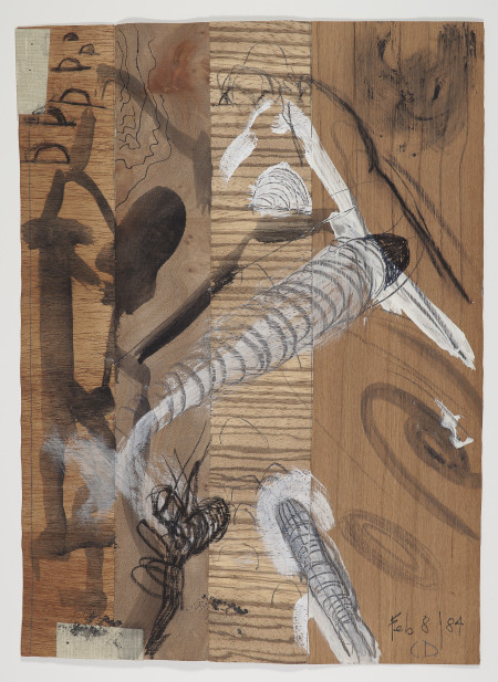 Untitled (2/8/84), Carbon pencil, acrylic, pen, linen tape and pencil on wood veneer