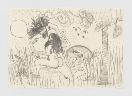 Wrestlers With Dog, Pencil on paper