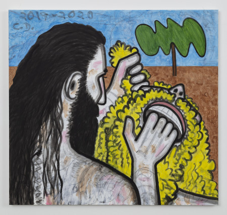 Big Men Up Close/One, Mixed media on linen