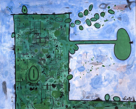 Green Box in a Blue Field, Mixed media on linen