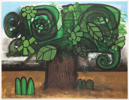 Green Flowers (3), Mixed media on linen