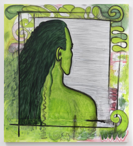 Qualiascope: Female Captured Alone, Urethane, acrylic, crayon and pencil on linen