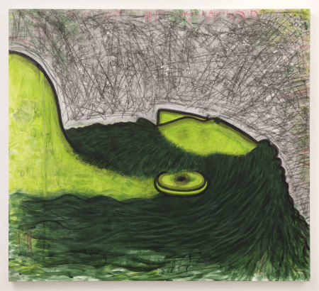 Qualiascope: Male Dreaming or Dead, Urethane, acrylic, crayon and pencil on linen