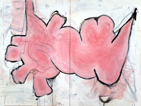 Pink Shape with Repairs, Mixed media on ragboard on panel