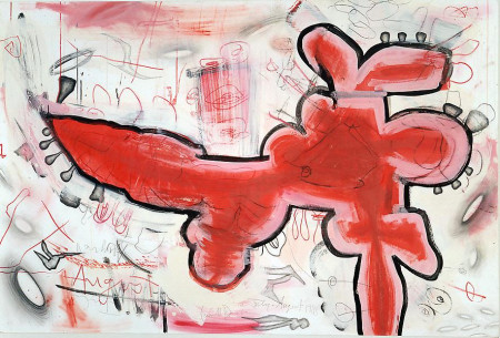 Red Shape, Mixed media on ragboard on panel