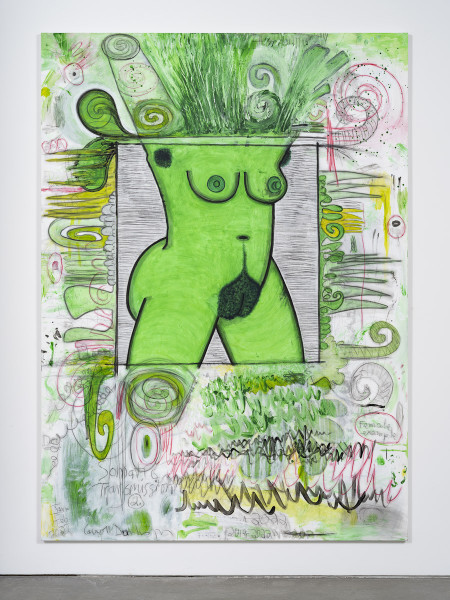 Somatic Transmission 2 (Female Example), Urethane, acrylic, crayon, colored pencil and pencil on linen