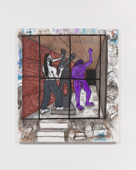 Studio Visit 2, Urethane, water soluble crayon and graphite on gessoed linen