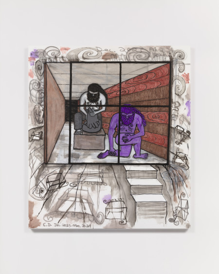 Studio Visit 5, Urethane, water soluble crayon and graphite on gessoed linen