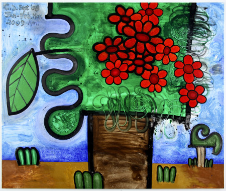 Tree with Red Flowers, Mixed media on canvas