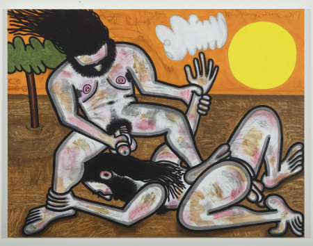 Wrestlers/Orange Sky, Mixed media on linen