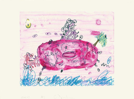 Floating Planet, Monotype in gouache and water-soluble colored pencil on Lana Gravure paper