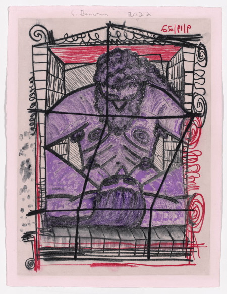 Purple Coitus Diagrams (1), Wet transfer monoprint on pigmented paper with hand additions