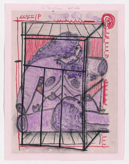 Purple Coitus Diagrams (6), Wet transfer monoprint on pigmented paper with hand additions