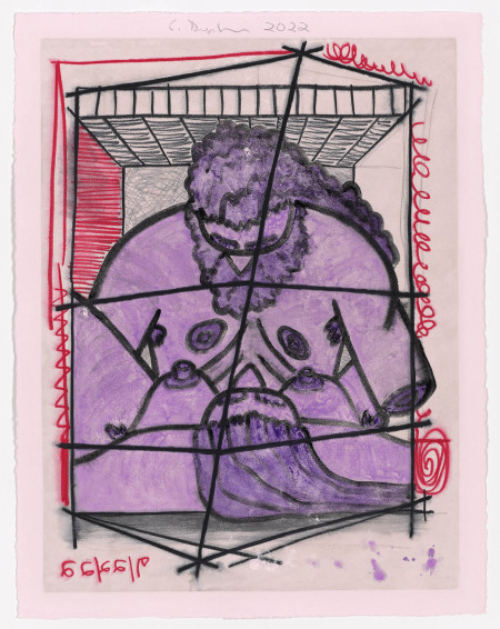 Purple Coitus Diagrams (7), Wet transfer monoprint on pigmented paper with hand additions