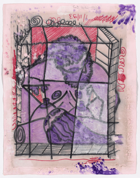 Pushed Around (5), Wet transfer monoprint on pigmented paper with hand additions