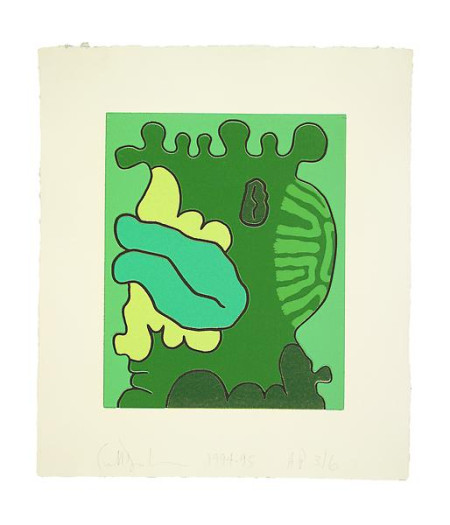 Second Green Reduction Print, Reduction linoleum cut on Twinrocker handmade paper