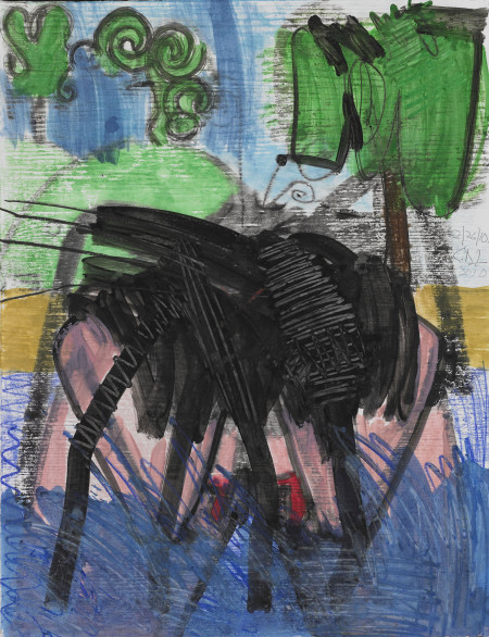 Untitled (2/26/10), Monotype in watercolor and pencil with handpainting and colored pencil drawing on Lanaquarelle paper